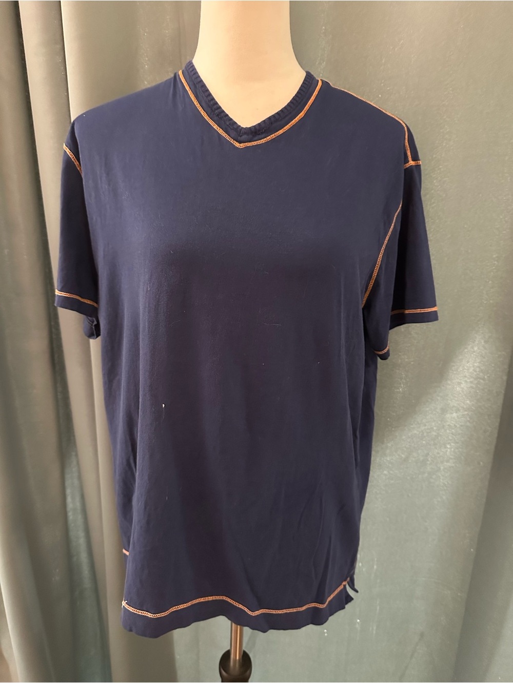 Robert Graham Men’s Large Navy Blue Supima Cotton T-Shirt Orange Contrast Stitch